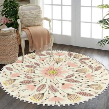 Imagem de Uphome Tapete redondo para quarto 1,5 m círculo bonito tapete com pompons franja planta floral lavável tapetes antiderrapantes macios para entrada lavanderia sala de estar quarto de crianças berçário, rosa