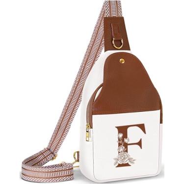Imagem de Lizznoe Bolsa tiracolo feminina de couro com letra inicial pochete para viagem, presente para mãe e esposa, Branco/Marrom, F