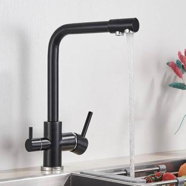 Imagem de Torneira de cozinha com 3 vias, furo único, 2 alças, misturador de água quente e fria, filtro de água pura, preto fosco