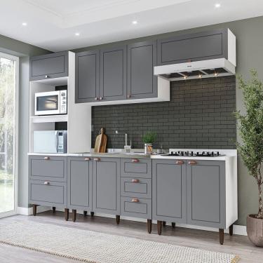 Imagem de Cozinha Pérola Completa 5 Peças Torre Quente Aéreo 3 Portas Balcão 120 Balcão 80 e Basculante Yescas Branco/Cinza