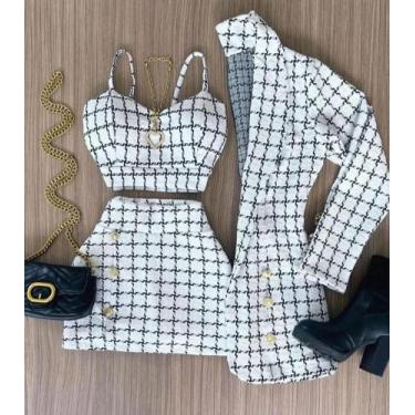 Imagem de Conjunto 3 Peças Blazer Short Saia Cropped Xadrez Premium - J & R , Br