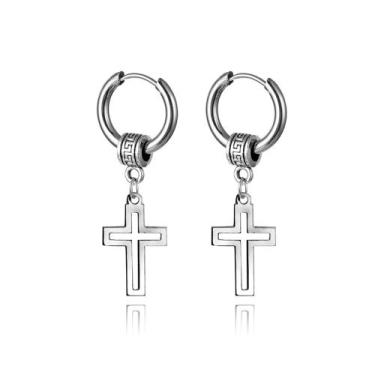 Imagem de par Brinco Argola Com Cruz Vazada crucifixo Pendurada prata prateada m