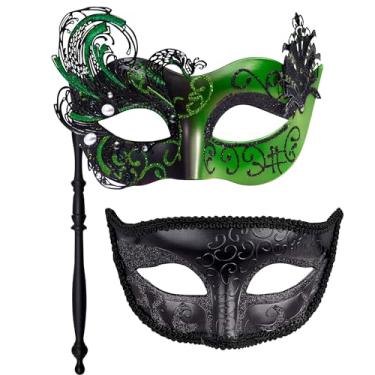 Imagem de SIQUK Couple Masquerade Masks with Stick Venetian Mask on a Stick Halloween Costume Mask Mardi Gras Mask Masquerade Party Mask for Couples Women and Men, Swan Black & Green