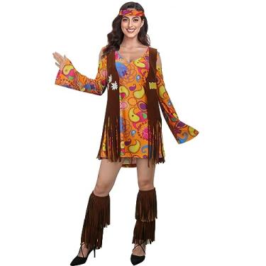 Imagem de SOLOTIMES Fantasia feminina hippie dos anos 60 e 70 com franjas, colete para botas, faixa de cabeça, roupa para adultos, discoteca, hippie, Halloween, cosplay, Marrom, M