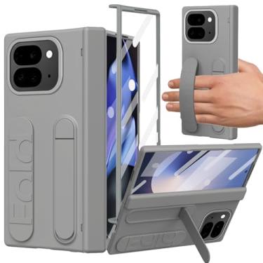 Imagem de YQODSZ Capa dobrável para Google Pixel 9 Pro com pulseira, capa dobrável com suporte para Google 9 Pro com proteção de dobradiça, capa de proteção de borda elevada para Google Pixel 9 Pro Fold cinza