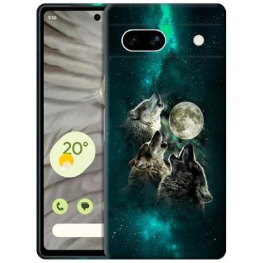 Imagem de GlamCase Capa para Google Pixel 7A 5G, Google Pixel 7A 5G - Design de rosto de lobo da lua impresso fino e elegante bonito plástico rígido encaixável capa protetora para celular traseira de designer
