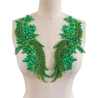 Imagem de Apliques de renda feitos à mão com strass feitos à mão, apliques de acabamento para acessórios de roupas de vestido 35 x 12 cm um par/bolsa (verde claro)