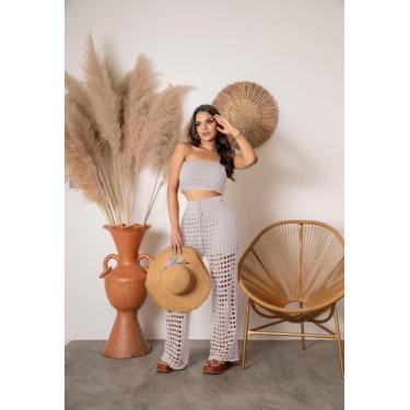 Imagem de Conjunto Saída De Praia Calça Pantalona Cropped Tricot Verão - Calu Tr