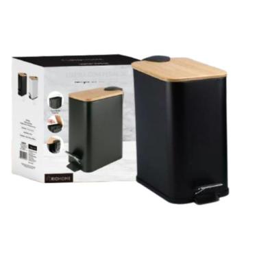 Imagem de Lixeira com Pedal 5L Branca Preta Metal e Bambu Banheiro - Rio Home, P