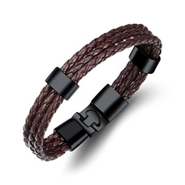 Imagem de Rockyu Pulseira masculina de couro trançado, fecho de aço inoxidável, ajustável, acessório moderno, Couro e titânio, Sem Pedra Preciosa