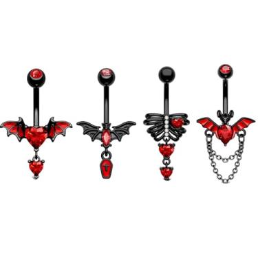 Imagem de Niaspi 4 anéis de umbigo de morcego de aço inoxidável para mulheres 14G Halloween vermelho preto pingente de umbigo piercing de umbigo halteres curvados para o corpo joia, Aço inoxidável, Zircônia