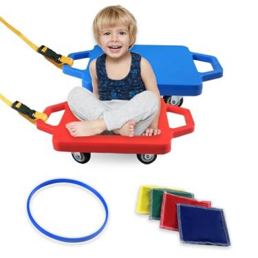 Imagem de 2 pranchas de scooter de plástico com alças para crianças sentadas e treinamento esportivo, com 1 anel, 2 cordas e 4 pufes, brincadeiras internas e externas