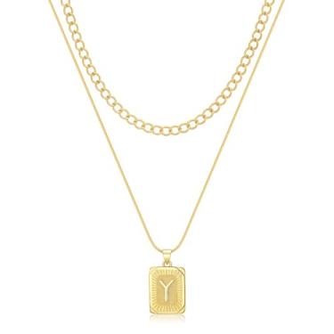Imagem de JEMUALE Colar feminino com inicial folheada a ouro 14 K, pingente quadrado, gargantilha de ouro em camadas, joia moderna Y, Banhado a ouro, Sem Pedra Preciosa