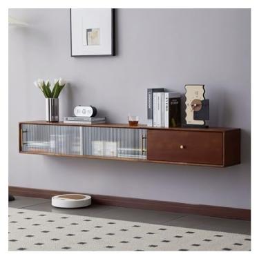 Imagem de Armário de TV montado na parede, sala de estar, suporte de TV flutuante, console de TV, centro de entretenimento montado na parede, armário de TV com porta e gaveta de vidro, armário de mesa de mídia