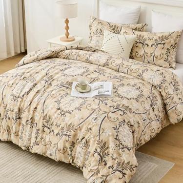 Imagem de PlushVibes Conjunto de edredom queen damasco marrom - 3 peças, 100% algodão orgânico, floral, luxuoso, tamanho Queen, leve 400 fios, vintage, elegante, medalhão vitoriano, botânico, 228 x 228 cm