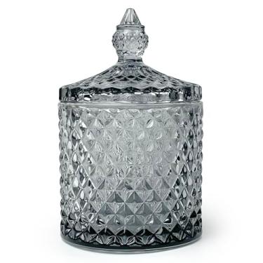 Imagem de YILUSHENGHUA Pote de Vidro Colorido com Tampa, Copo de Vela Bonito, Prato de Doces, Potes de Biscoitos de Doces, Caixa de Joias, Recipientes de Pote de Bufê, Pote Decorativo (Cinza)