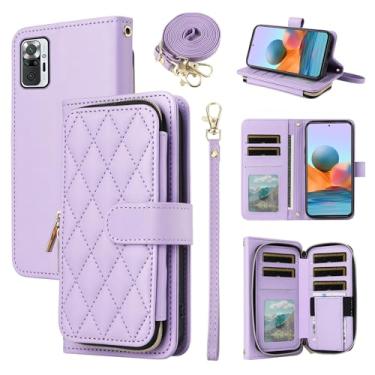 Imagem de Furiet Capa carteira para Xiaomi Redmi Note 10 Pro com alça de pulso, alça de ombro transversal, mais de 9 compartimentos para cartões, bolsa com zíper, capa de celular luxuosa de couro PU para Redme
