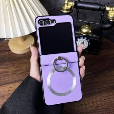 Imagem de Capa de textura de couro PU para Samsung Galaxy Z Flip 6 5 4 3 Flip6 Flip5 Flip4 Flip3 5G Ring Holder Magnetic Phone Case, Roxo, para Samsung Galaxy Z Flip 6