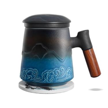Imagem de ZENS Xícara de chá com infusor e tampa para infusor de chá de folhas soltas, caneca de chá de cerâmica de 440 ml com coadores de chá finos e porta-copos de absorção, canecas grandes difusores de cabo