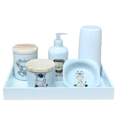 Imagem de Kit higiene bebê Safari 6 peças - Bandeja, potes, porta álcool e molha