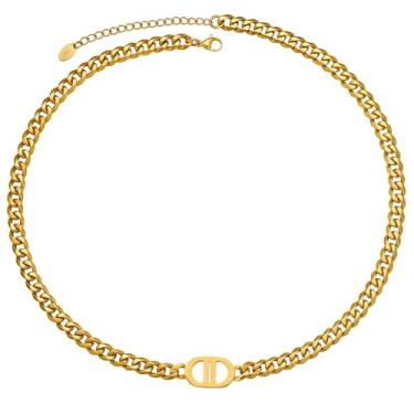 Imagem de TRIPOD JEWELRY Gargantilha feminina banhada a ouro real 18K com letra D dupla, corrente cubana de aço inoxidável 316L de 6 mm com corte diamante (caixa personalizada e embalagem para presente),