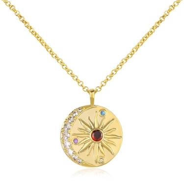Imagem de Colar feminino de sol e lua banhado a ouro 14K com pingente de lua e sol com zircônia cúbica colorida ajustável, círculo redondo, pingente de sol, joia celestial, presente, Adjustable, Latão Zircônia