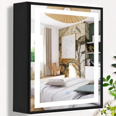 Imagem de MEIOUKA Espelho preto para armário de remédios de 50 x 71 cm com luzes para banheiro armário de remédios iluminado com espelho e luz 3 cores antiembaçamento 28 armário de remédios espelho de luz LED