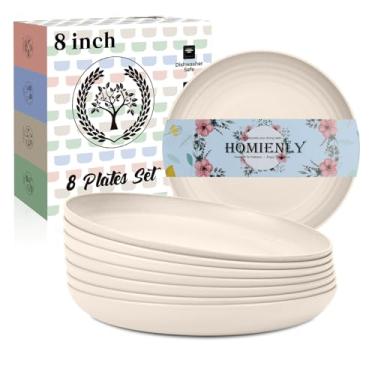 Imagem de Jogo de 8 pratos de sobremesa Homienly, pratos de palha de trigo leves, inquebráveis, podem ir ao micro-ondas, pratos fundos para aperitivos, jantar, 20 cm – bege