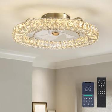 Imagem de MOOONICHE Ventilador De Teto Embutido De Perfil Baixo De 22", Ventilador De Teto Com Luz E Controle Remoto, Ventilador Regulável Com Abajur De Cristal, Ventilador Fechado Sem Lâminas Light-Gold