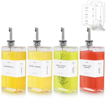 Imagem de KFM Conjunto de 4 dispensadores de azeite de oliva para cozinha, garrafa de óleo de vidro de 500 ml com 2 dosadores de aço inoxidável e 44 etiquetas, perfeita para óleo, vinagre, molho de soja e