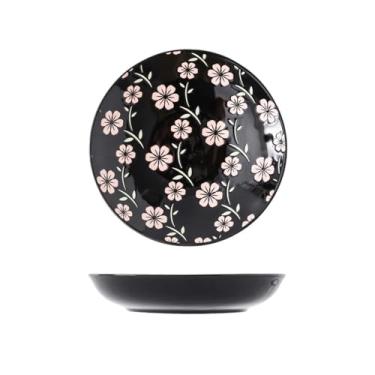 Imagem de Louça de cerâmica pintada à mão em estilo japonês de 17,8 cm, prato de restaurante frio, prato de dim sum - prato de arroz de 18 cm - preto floral