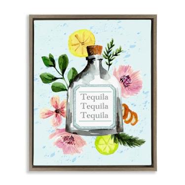 Imagem de Stupell Industries Garrafa floral de tequila marrom flutuante em tela emoldurada design de arte de parede por Kate Eldridge, 17 x 21