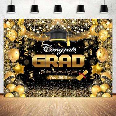 Imagem de 2,1 x 1,5 m Pano de fundo de formatura de felicitações ouro preto balões com glitter celebrando a classe de 2025 fundo de festa de pós-graduação cerimônia retrato deocrations adereços banner