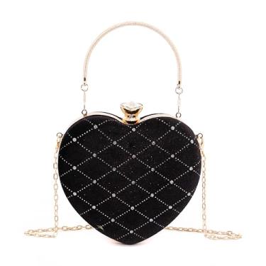 Imagem de Naimo Bolsa feminina de coração com strass para noite bolsa de mão para festa de casamento, coquetel, bolsa de corrente, Preto, One Size