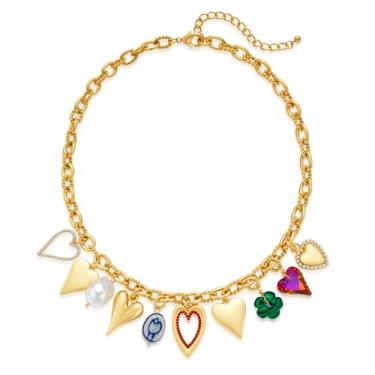 Imagem de LILIE&WHITE Colar com pingente de coração de ouro com pingentes coloridos, pingente moderno, corrente de elos modernos, colar de ouro, joia, Latão, Sem Pedra Preciosa