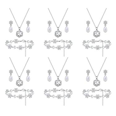 Imagem de Conjunto de joias de dama de honra para mulheres e meninas, pingente de flor banhado a ouro 18 K, prata e ouro rosa, com colar de pérolas, brincos, presente de dama de honra para casamento e pedido de casamento, festa e formatura, Zinco Vidro Pérola sintética, Pérola sintética