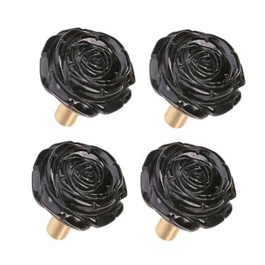 Imagem de Rockcloud Pacote com 4 puxadores de gaveta de cristal rosa puxadores de armário puxadores de flores para móveis, obsidiana preta