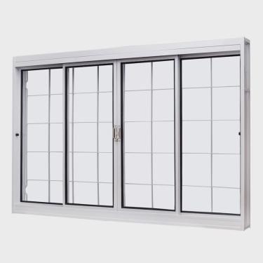 Imagem de Janela de Aço de Correr Central 100x120cm 4 Folhas com Grade Quadriculada e Vidro Liso Qualitysol