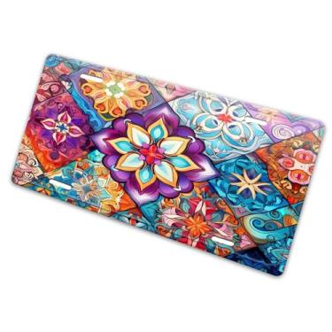 Imagem de Capa de matrícula criativa vintage étnica mandala xadrez floral floral floral - etiqueta de carro artística de alumínio, à prova de ferrugem, design exclusivo novidade - 15 x 30 cm