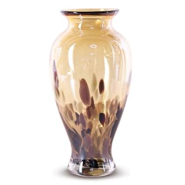 Imagem de Vaso de vidro dourado âmbar de 30 cm de altura, lindo vaso de vidro soprado à mão, arte moderna, vasos coloridos de boca larga para mesa de jantar, centro de mesa, entrada e decoração de casamento