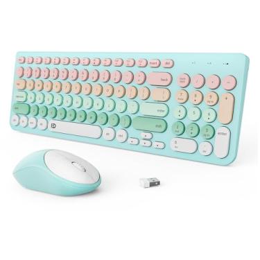 Imagem de Combo de teclado e mouse sem fio, teclado redondo colorido de 2,4 GHz para escritório, computador, desktops, laptop (96 teclas azul claro)