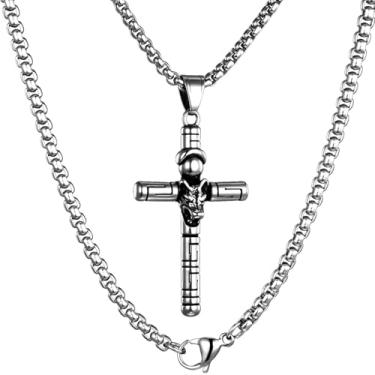 Imagem de HAWSON Colar de cruz para homens, pingente grande vintage de aço inoxidável, joias religiosas cristãs de Páscoa para presentes, Extra Large, Aço inoxidável, Sem Pedra Preciosa