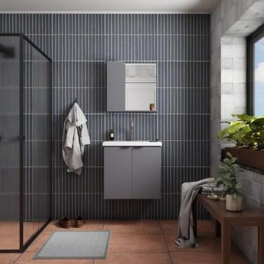 Imagem de Gabinete de Banheiro Montado em Madeira Cinza 60cm Aster c/ Lavatório 