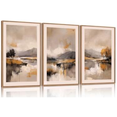 Imagem de FWIEXA Conjunto de arte de parede de tela neutra abstrata, decoração de parede emoldurada de montanha de outono cinza bege, 3 painéis 40,6 x 61 cm, Watercoler Lake Artwork, pincelada de outono e