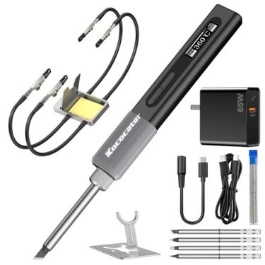 Imagem de Ikococater Kit de mini ferro de solda inteligente (4 pontas de solda, carregador de 65 W e solda manual incluída) com tela OLED, temperatura ajustável, hibernação por indução, ferro de solda portátil