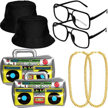 Imagem de Gejoy 8 Pcs 80s/ 90s Hip Hop Costume Kit Halloween for Rapper Inflatable Boom Box Bucket Hat Sunglasses Gold Chain Accessories Men Women Party Decorations Jewelry