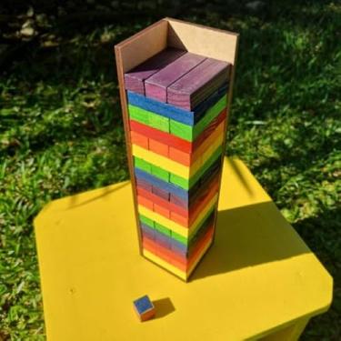 Imagem de Caiu Perdeu Torre Maluca 54 Peças Colorido - Jogo de Equilibrio em Madeira com Base e Dado