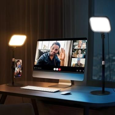Imagem de Luz de mesa para chamadas de vídeo com suporte, iluminação de zoom de rotação de 360° para computador, CCT 3000K-6500K ajustável, anel de luz de mesa de tela inteira com suporte de telefone para