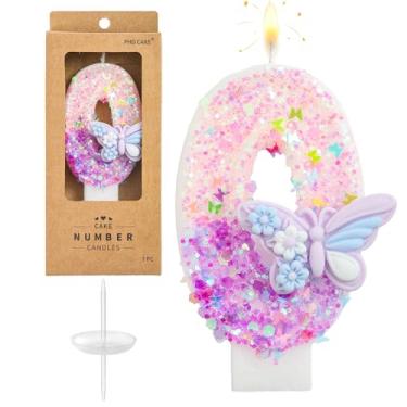 Imagem de PHD CAKE Número 0 velas de aniversário de borboleta roxa, velas com número de borboleta, velas com número de bolo, celebração de festa