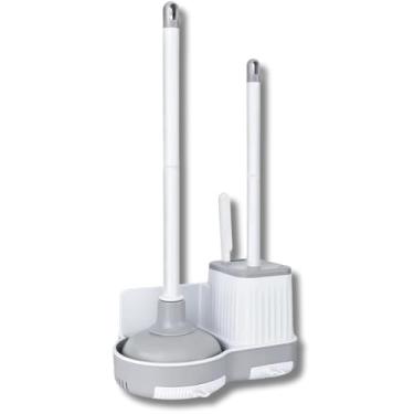 Imagem de Kit de Limpeza 3 em 1 Para Vaso Sanitário Escova Sanitária Desentupidor Escova Flexível Suporte com Gaveta Para Retenção de Água